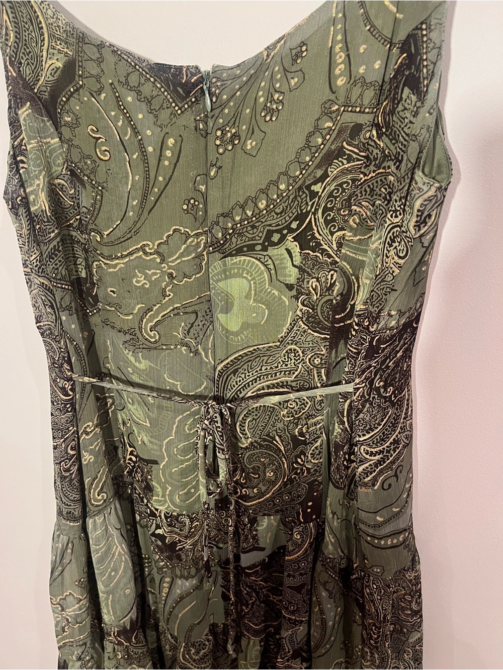 Vintage 90s Y2K Olive Green Paisley Tiered Maxi Dress - Picture 8 of 11